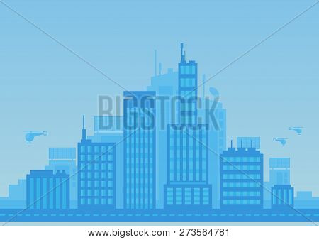 City Flat Background In Blue Color. Modern Town Illustration.