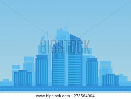 City Flat Background In Blue Color. Modern Town Illustration.