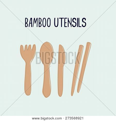Zero Waste Concept. Wooden Spoon, Fork, Knife And Chopsticks. Hand Drawn Elements Of Zero Waste Life