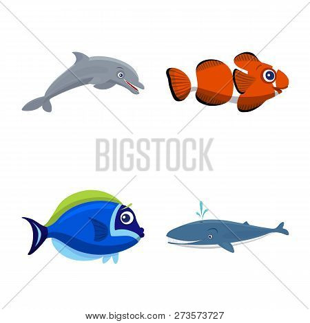 Vector Design Of Sea And Animal Logo. Set Of Sea And Marine Vector Icon For Stock.