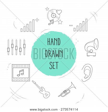 Set Of Audio Icons Line Style Symbols With Low Volume, Gramophone, Trumpet And Other Icons For Your 