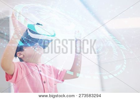 kid at home playing games on virtual reality vr glasses putting hands up neural network and artificial inteligence ai dots design concept