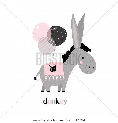Cute Funny Donkey With Balloons. Happy Birthday. Children's Book Illustration, For Print. Hand-drawn