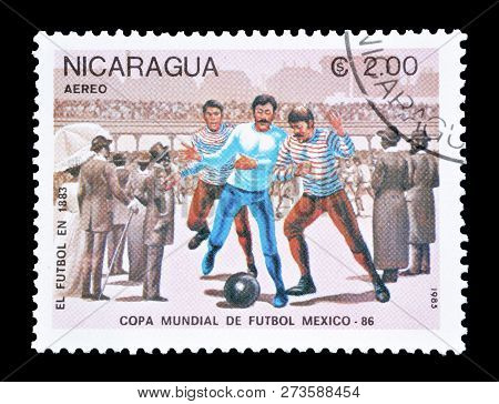 Nicaragua - Circa 1998 : Cancelled Postage Stamp Printed By Nicaragua, That Shows Evolution Of Footb