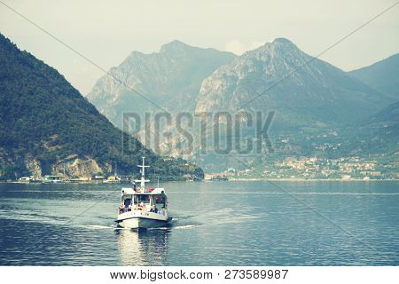 ISEO LAKE, ITALY, 20 OCTOBER, 2018: Touristic ship on Iseo Lake, Italy, Europe