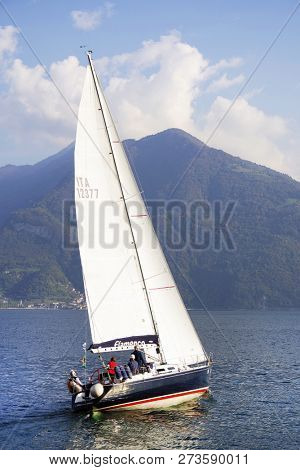 ISEO LAKE, ITALY, 20 OCTOBER, 2018: Yachting on Iseo Lake, Italy, Europe