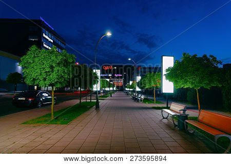 Vilnius, Lithuania - September 6, 2018: Park At The Modern Shopping Center Building Ozas Concept. St