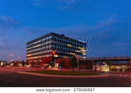 Vilnius, Lithuania - September 6, 2018: Modern Business Center Building Technopolis Concept. Street 
