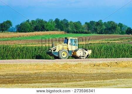 Road Roller On The Road In Poland.