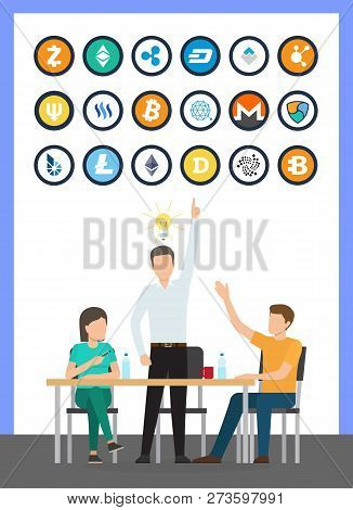 Bitcoin Currency Isolated Icons Set, Idea Of Male At Conference Vector. Bitcoindark Business Solutio