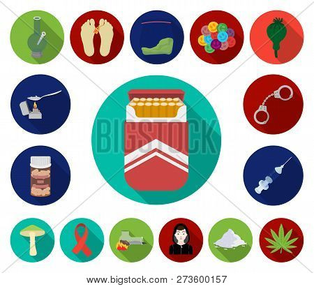 Drug Addiction And Attributes Flat Icons In Set Collection For Design. Addict And Drug Vector Symbol