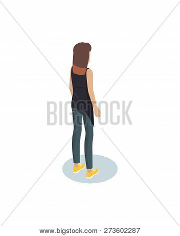 Photographer Woman 3d Icon Closeup. Backside View Of Girl Wearing T-shirt And Trousers. Lady Profess