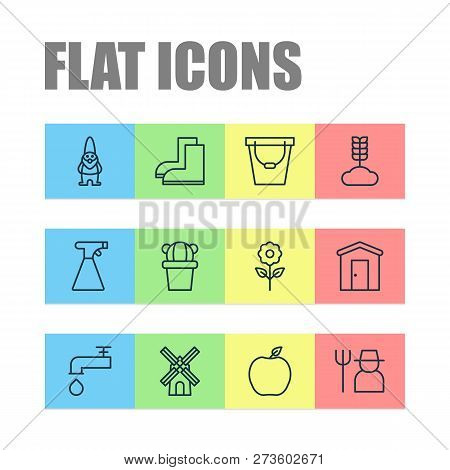 Garden Icons Set With Windmill, Barn, Sprayer And Other Spigot Elements. Isolated Vector Illustratio
