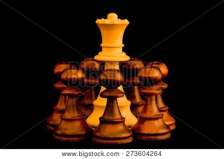 Under Siege. White Queen Beset By Black Enemy Pawns With Sense Of No Escape, Standard Chess Wooden P