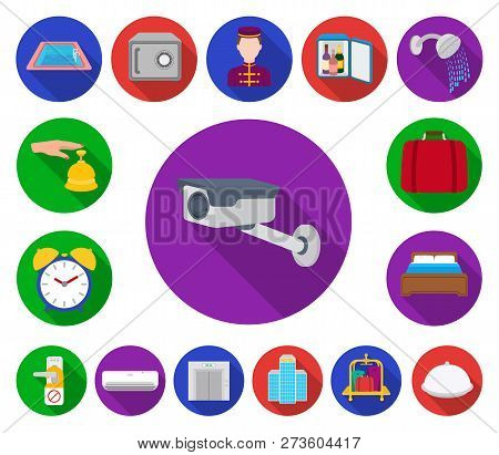 Hotel And Equipment Flat Icons In Set Collection For Design. Hotel And Comfort Vector Symbol Stock W