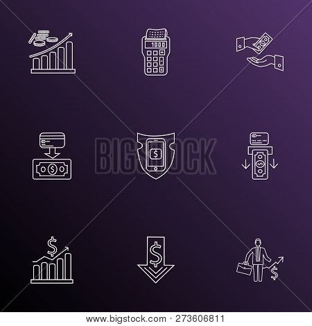 Finance Icons Line Style Set With Business Success, Secure Payment, Stock Decrease And Other Downwar