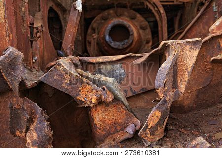 Internal Parts Of Decommissioned Marine Ship That Was Cut And Left On The Shore.