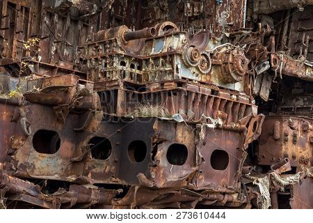 Internal Parts Of Decommissioned Marine Ship That Was Cut And Left On The Shore.