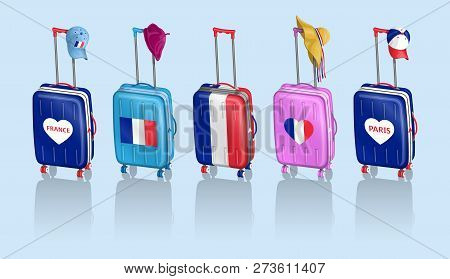 Tourist Baggages And French Hats For Travel To France. All The Objects Are In Different Layers And T
