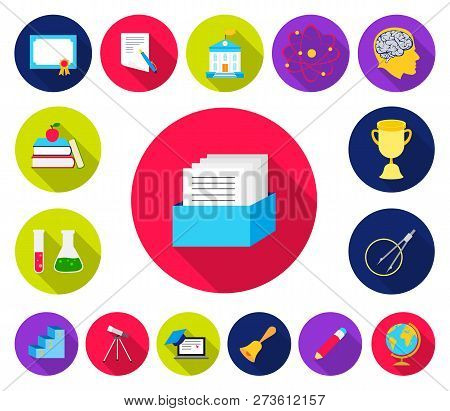 School And Education Flat Icons In Set Collection For Design.college, Equipment And Accessories Vect