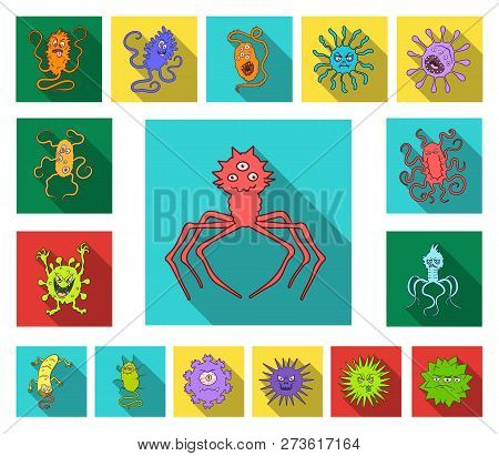 Types Of Funny Microbes Flat Icons In Set Collection For Design. Microbes Pathogenic Vector Symbol S