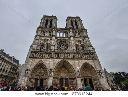 Paris, France - October 2, 2018. View Of Notre-dame De Paris. The Cathedral Was Begun In 1160 And La