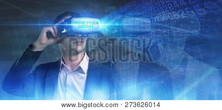 Business, Technology, Internet And Network Concept. Young Businessman Working In Virtual Reality Gla