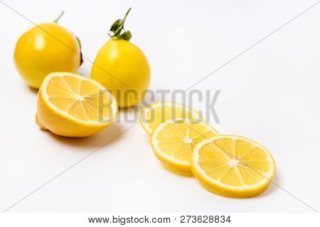 Slace Of Fresh Ripe Lemon And Wooden Honey Dipper On White Background Honey Horizontal