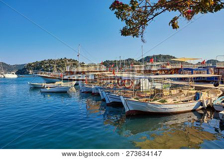 City Dock Of Boats. Marine Parking Of Boats And Yachts In Kekova Is A Sunken City In Turkey.