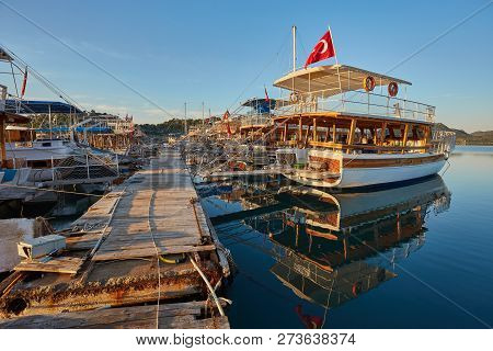 City Dock Of Boats. Marine Parking Of Boats And Yachts In Kekova Is A Sunken City In Turkey.