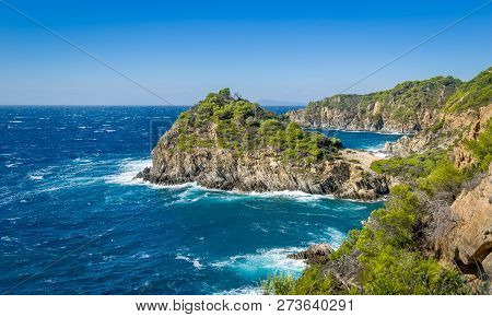 Porquerolles Island Rocks And Sea At Windy Day, Provence Cote Dazur, France