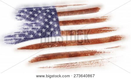 Mosaic Heart Tiles Painting Of Usa Flag Blown In The Wind Isolated On White Background.