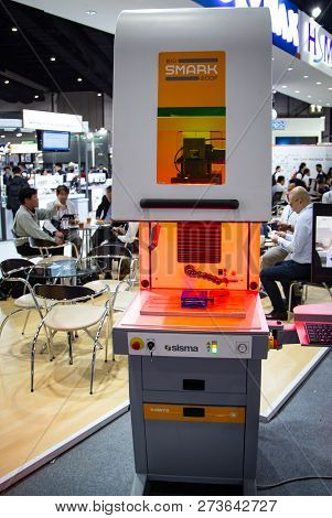Bangkok, Thailand - November 21, 2018: 3d Laser Marking Machine Engraving On Workpiece Surface In Me
