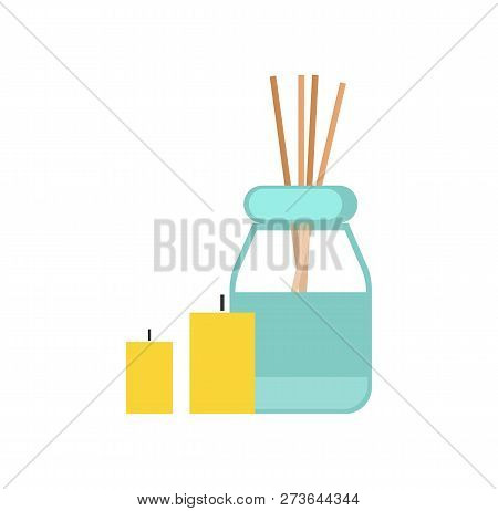 Sticks, Oil And Candles, Equipment For Massage Cartoon Banner Vector Isolated. Wooden Wands In Can A