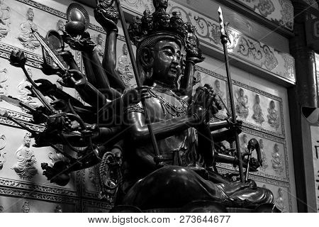 Multi Armed Buddha Statue In Black And White Phoro Detail