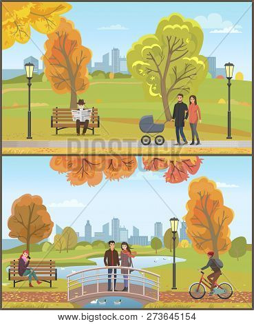 Couple With Pram, Autumn City Park With Trees And Foliage Set Vector. Bridge And Lake With Swans, Fe