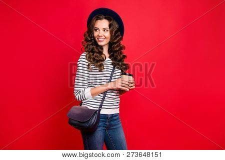 Portrait Of Nice Lovely Attractive Cheerful Slim Wavy-haired Lady Wearing Striped Pullover Sunhat Ho