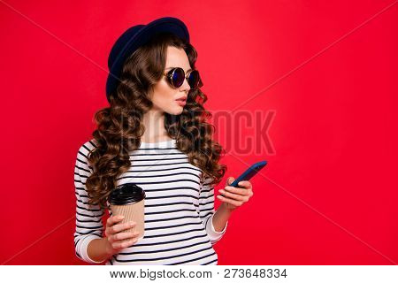 Portrait Of Nice Confident Rich Wealthy Lovely Attractive Wavy-haired Lady Wearing Striped Pullover 