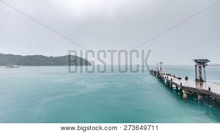Ferry Harbor To Kohchang Island The Beautiful Nature Place Of Thailand In Raining Day, Seascape In R