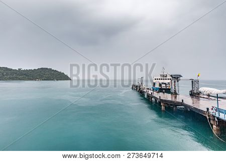 Ferry Harbor To Kohchang Island The Beautiful Nature Place Of Thailand In Raining Day, Seascape In R
