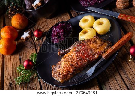 Classic And Crispy Roasted Duck With Cabbage And Dumplings