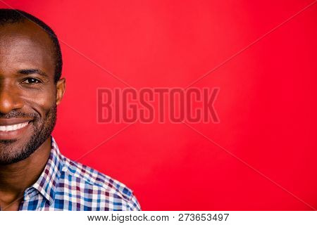Cropped Close-up Half-face Portrait Of Nice Handsome Attractive Cheerful Positive Guy Wearing Checke
