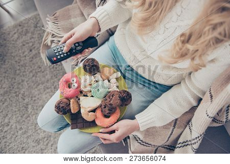 Top Above High Angle Cropped View Of Wavy-haired Lady Holding In Hands Large Big Plate Dish Tempting