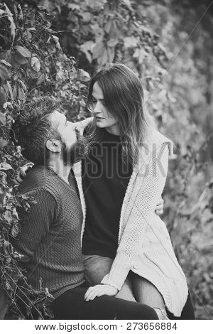 Couple In Love Hugs With Red Leaves On Background, Autumn Day. Love And Romantic Concept. Couple Wit