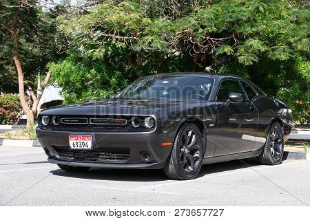 Dubai, Uae - November 15, 2018: Black Muscle Car Dodge Challenger R/t In The City Street.