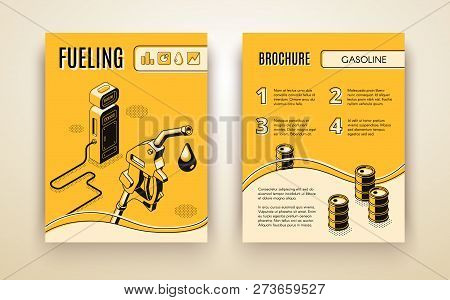 Vector Brochure Template With 3d Isometric Gas Station, Fueling. Booklet, Leaflet With Oil Pistol Wi