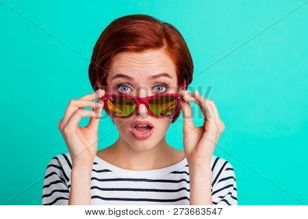 Close Up Portrait Of Attractive She Her Lady Holding Hands On Red Dark Summer Glasses Specs Frustrat