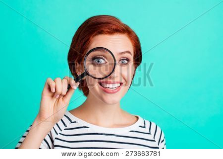 Close Up Portrait Of Attractive She Her Lady With Optical Lupa In Hand Looking One Eye Through It Wo