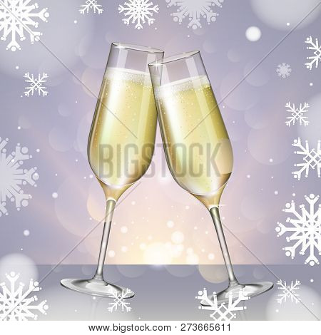 Realistic Vector Illustration Of Champagne Glasses On Blurred Holiday Silver Sparkle Background