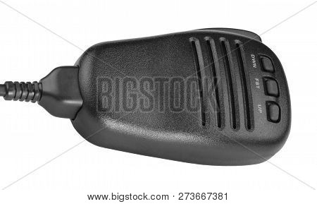 Black Handheld Dynamic Microphone For Radiocommunication At Dry Sunny Summer Day